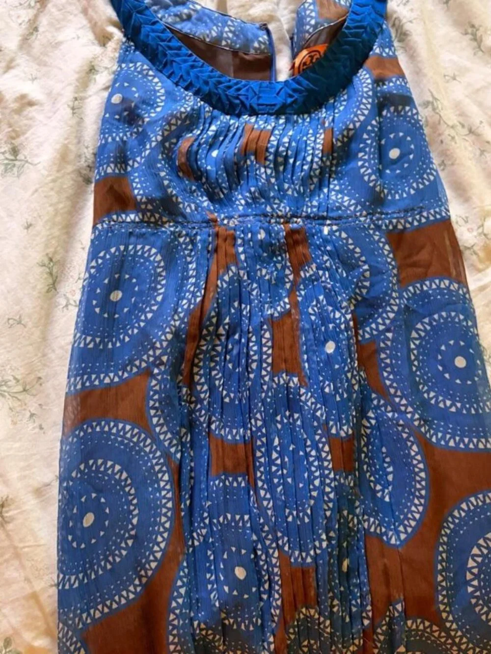 Tory Burch blue and brown circular patterned mini dress